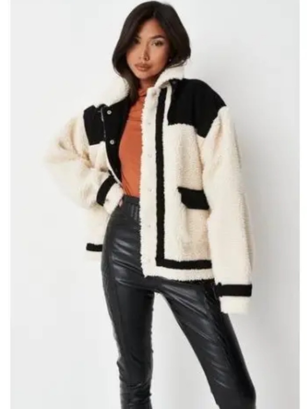 Missguided Cream Sherpa Jacket Black Contrast Granola Bomber Minimalist Casual